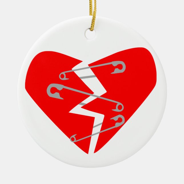 Broken Heart with Safety Pins Ceramic Tree Decoration (Front)