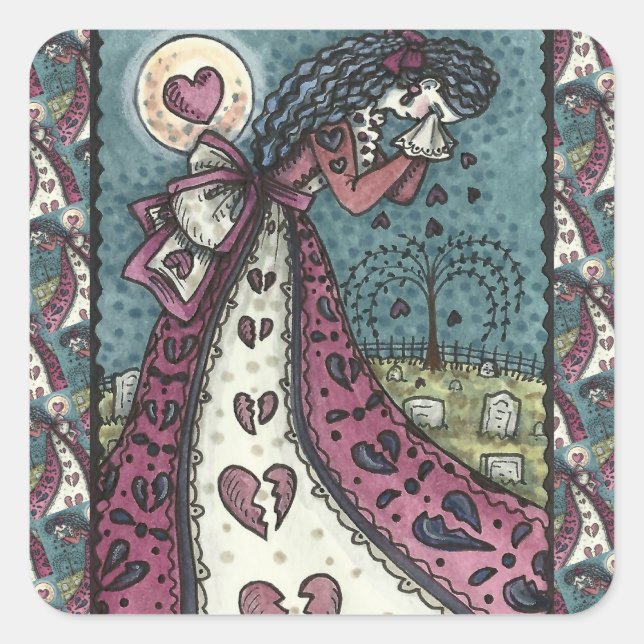 BROKEN HEARTED WEEPING VALENTINE, CEMETERY GOTH SQUARE STICKER (Front)