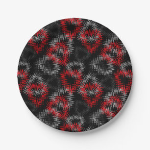 Broken hearts red and grey on black background paper plate