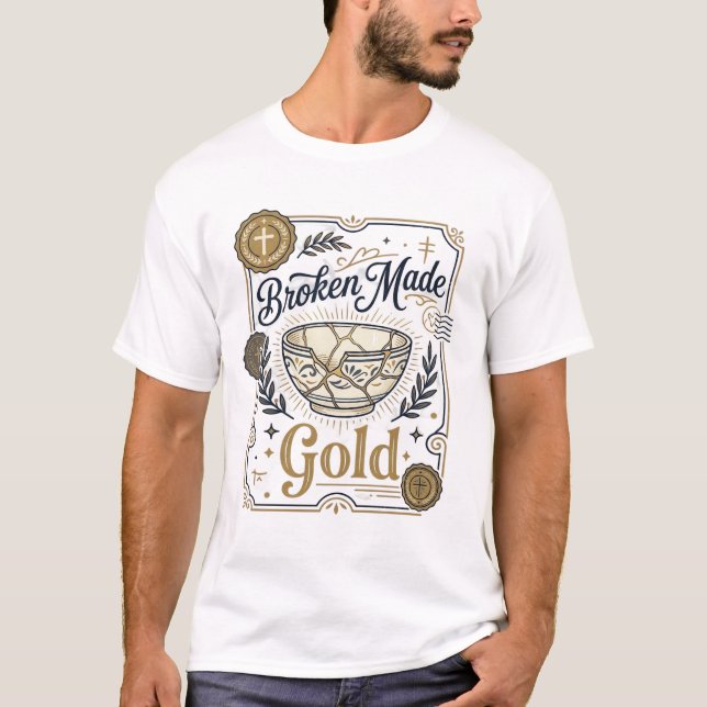 Broken Made Gold Jesus Kintsugi Broken Pottery Chr T-Shirt (Front)