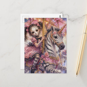 Broken Mask Girl Rides Zebra Unicorn Carousel Postcard