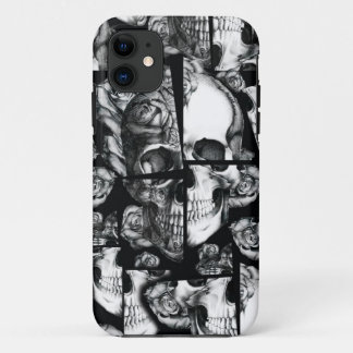 Broken up, fractured images of rose skull in black iPhone 11 case