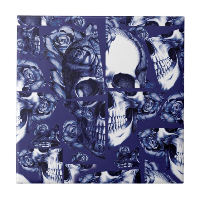 Broken up navy and white rose skulls tile (Front)