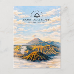 Bromo Tengger Semeru Watercolor Mountain Landscape Holiday Postcard
