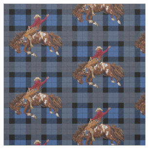 Bronco Busting Rodeo Cowboy on Blue Plaid Fabric