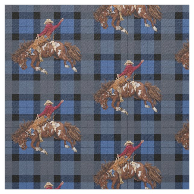 Bronco Busting Rodeo Cowboy on Blue Plaid Fabric (Swatch)