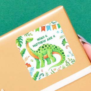 Brontosaurus Dinosaur Double Celebration Boys Square Sticker