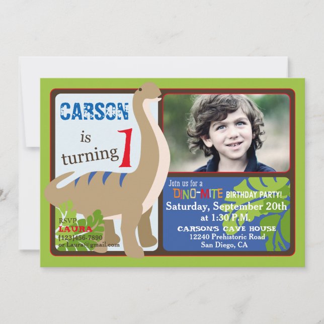 Brontosaurus Dinosaur First Birthday Invitation (Front)