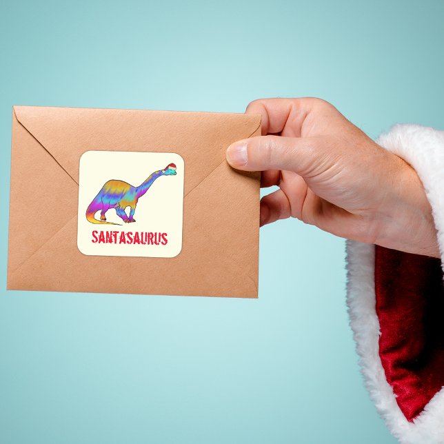 Brontosaurus Santa Rainbow Dinosaur Funny Slogan   Square Sticker (Christmas dinosaur santasaurus  brontosaurus wearing a santa hat colorful holiday sticker )