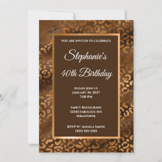 Bronze and Brown Foil Leopard Glam 40th Birthday Invitation