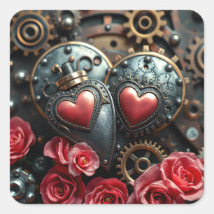 Bronze and Gold Metal Heart and Gears Steampunk Square Sticker