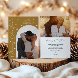 Bronze Arch Modern Script 2 Photo Merry Christmas Holiday Card