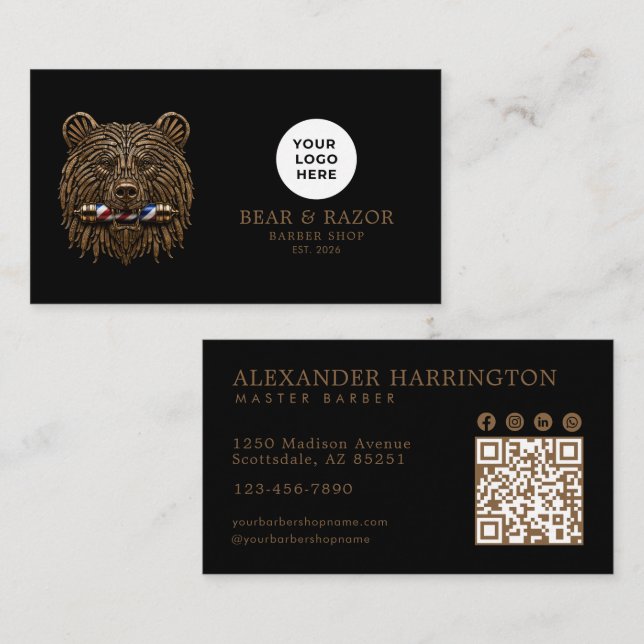 Bronze Bear Professional Barber Shop Qr Code Business Card (Front/Back)