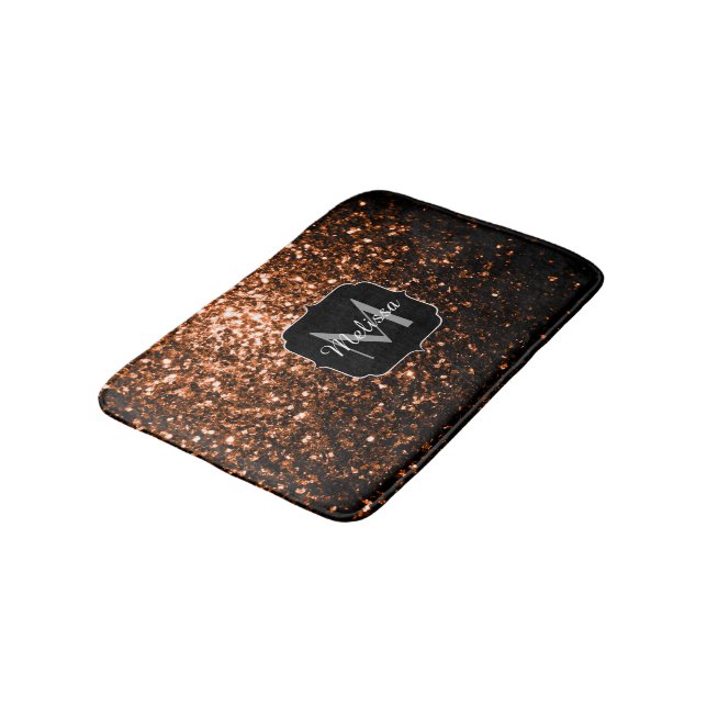 Bronze brown copper faux glitters sparkle Monogram Bath Mat (Angled)