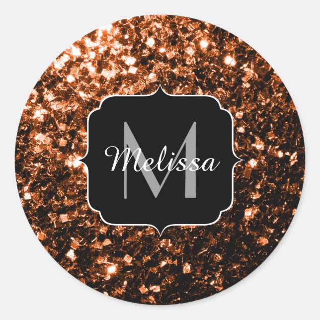 Bronze brown copper faux glitters sparkle Monogram Classic Round Sticker (Front)