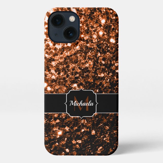 Bronze brown copper faux glitters sparkle Monogram iPhone Case (Back)