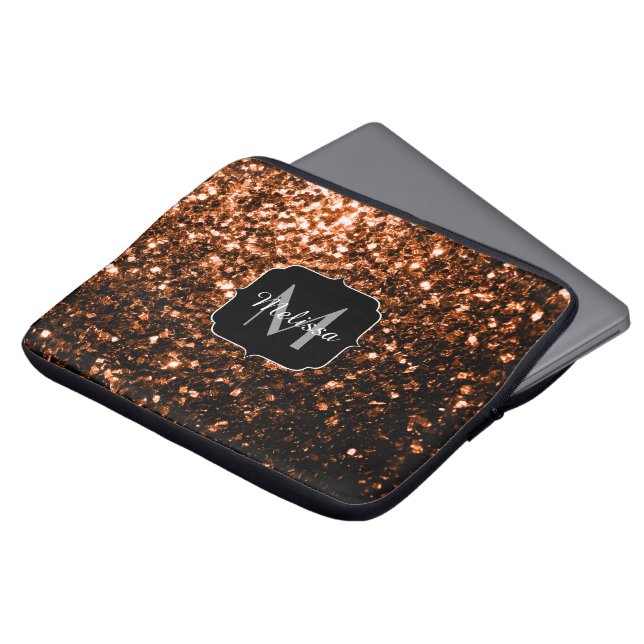 Bronze brown copper faux glitters sparkle Monogram Laptop Sleeve (Front Top)
