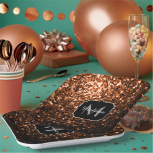 Bronze brown copper faux glitters sparkle Monogram Paper Plate