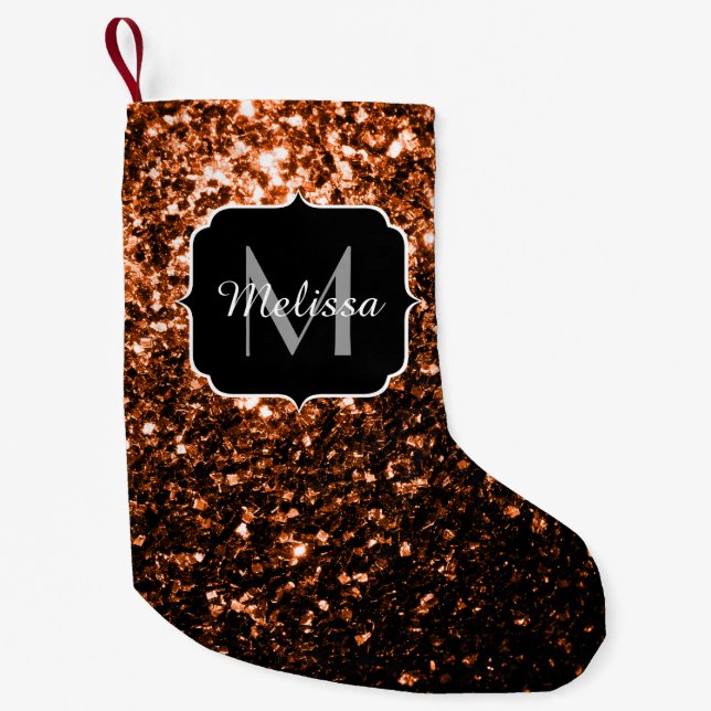 Bronze brown copper faux glitters sparkle Monogram Small Christmas Stocking (Front)
