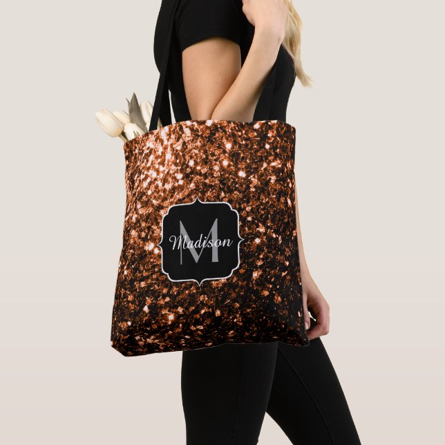 Bronze brown copper faux glitters sparkle Monogram Tote Bag (Close Up)