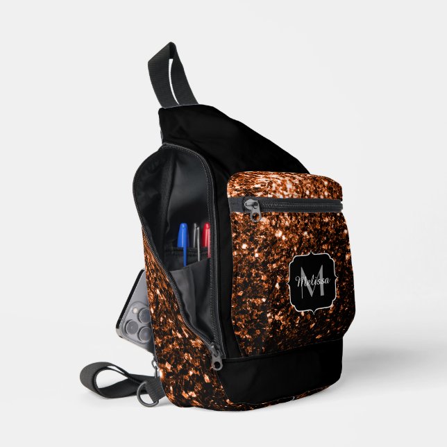 Bronze brown faux glitter sparkles Black Monogram Sling Bag (Open)
