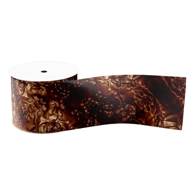 Bronze Brown Floral Embossing Art Metallic Grosgrain Ribbon (Spool)