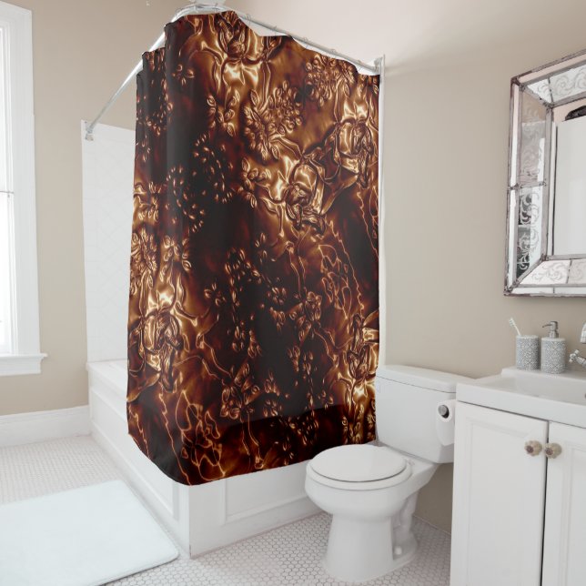 Bronze Brown Floral Embossing Art Shower Curtain (In Situ)