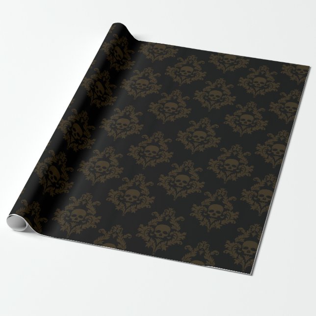 Bronze Brown Skull damask on Black Wrapping paper  (Unrolled)