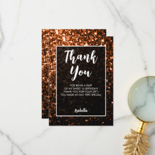 Bronze brown sparkles Sweet 16 elegant script Thank You Card