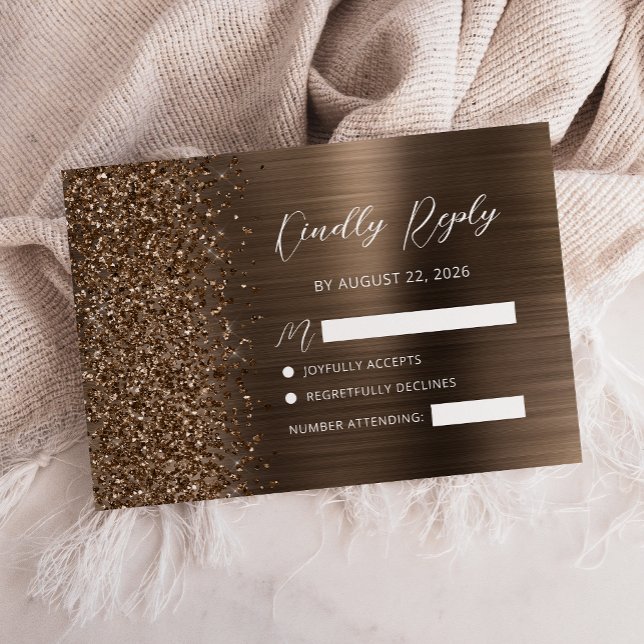 Bronze Brushed Metal Glitter Script Wedding RSVP Card (Creator Uploaded)