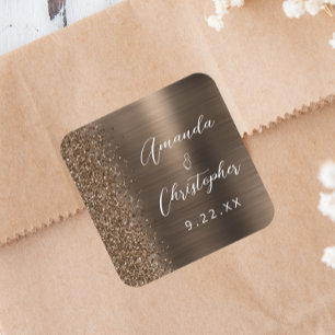 Bronze Brushed Metal Glitter Script Wedding Square Sticker