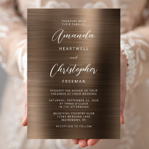 Bronze Brushed Metal Script Wedding Invitation