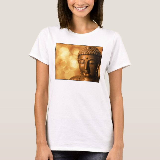 Bronze Buddha Statue with Golden Bokeh Background T-Shirt (Front)