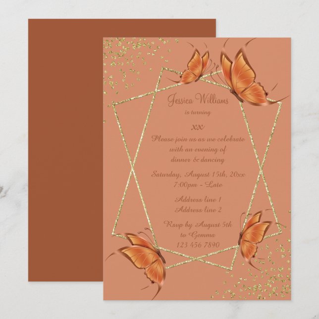 Bronze Butterflies, Glitter & Confetti Birthday Invitation (Front/Back)