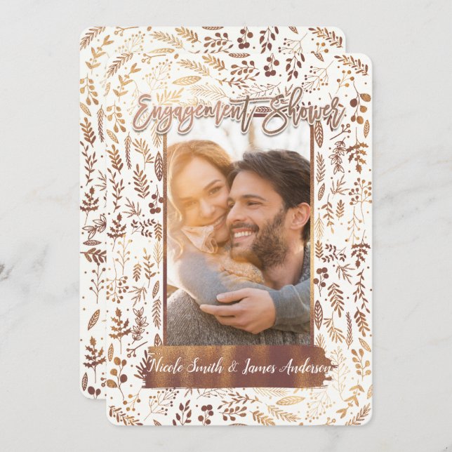 Bronze Copper Foil Modern Engagement Shower Photo Invitation (Front/Back)