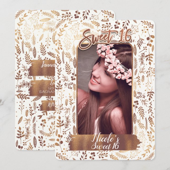 Bronze Copper Foil Modern Sweet 16 Birthday Photo Invitation (Front/Back)