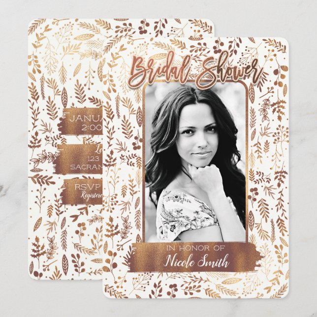 Bronze Copper Gold Foil Modern Bridal Shower Photo Invitation (Front/Back)