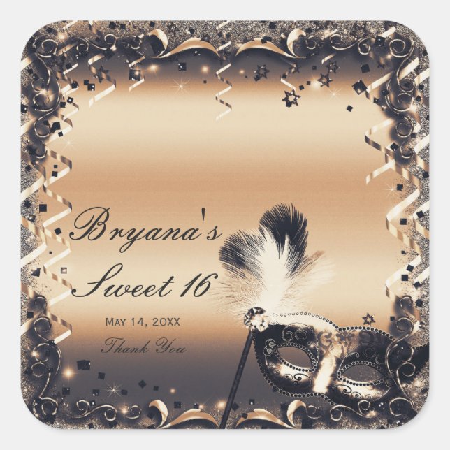 Bronze & Cream Masquerade Mask Elegant Ball Party Square Sticker (Front)