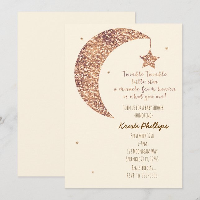 Bronze Cream Moon & Stars Baby Shower Invitations (Front/Back)
