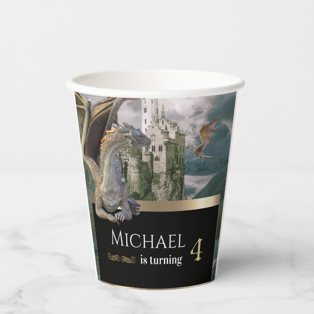Bronze Dragon Mediaeval Castle Metallic Birthday Paper Cups (Front)