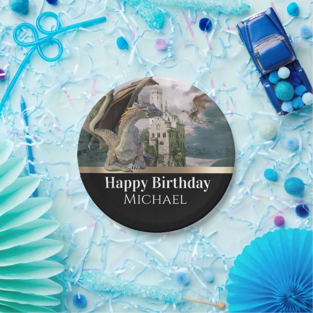 Bronze Dragon Mediaeval Castle Metallic Birthday  Paper Plate (Party)
