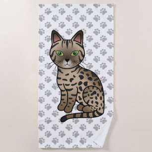 Bronze Egyptian Mau Cute Cartoon Cat & Paws Beach Towel