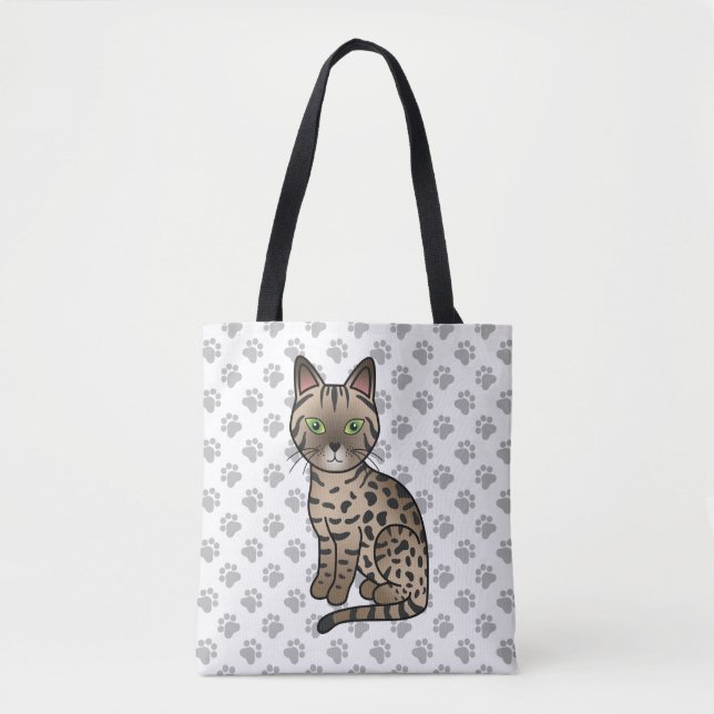 Bronze Egyptian Mau Cute Cartoon Cat & Paws Tote Bag (Front)