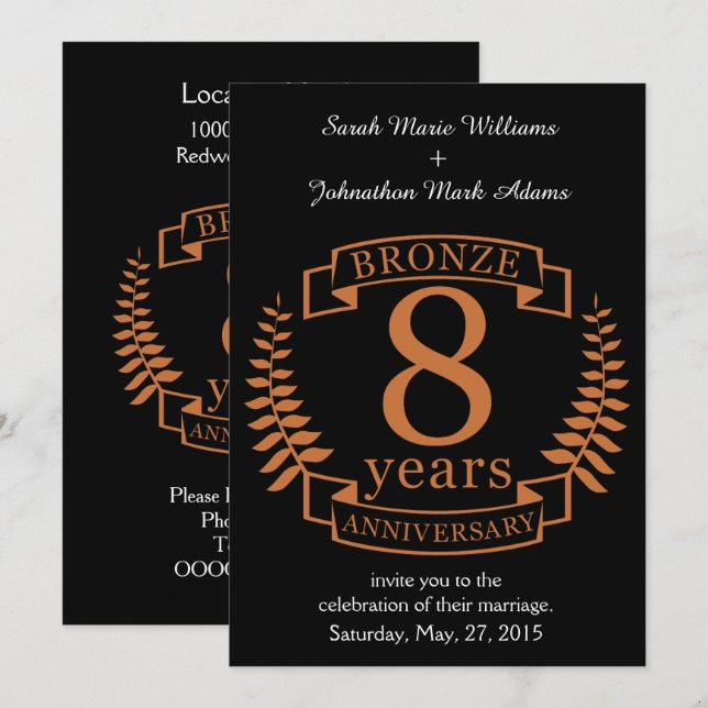 Bronze eighth wedding anniversary 8 years invitation (Front/Back)