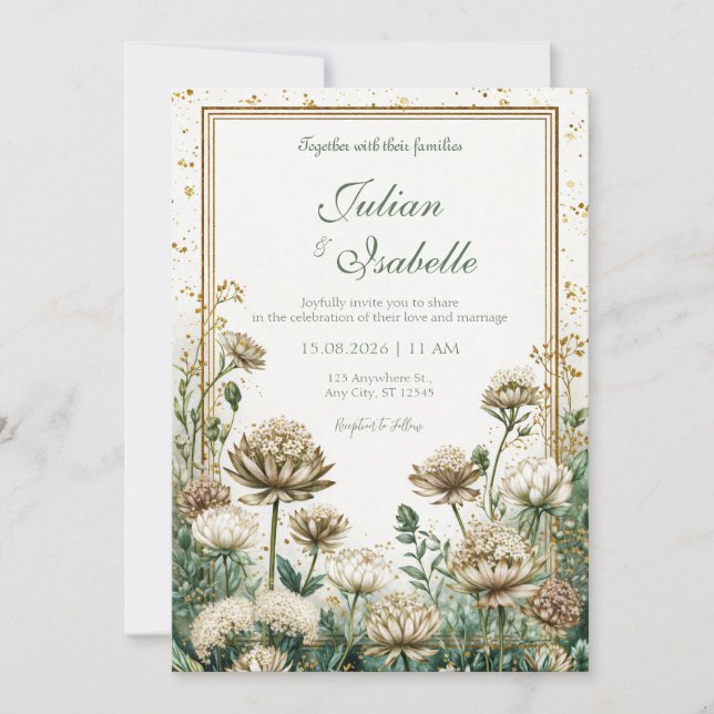 Bronze Emerald Watercolor Astrantia Wedding Invitation (Front)
