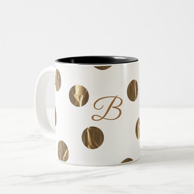 Bronze Faux Shine Polka Dots Modern Trendy Chic Two-Tone Coffee Mug (Front Left)