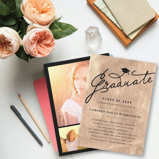 Bronze Foil Stylish Graduate Graduation Cap Party Invitation (Creator Uploaded)