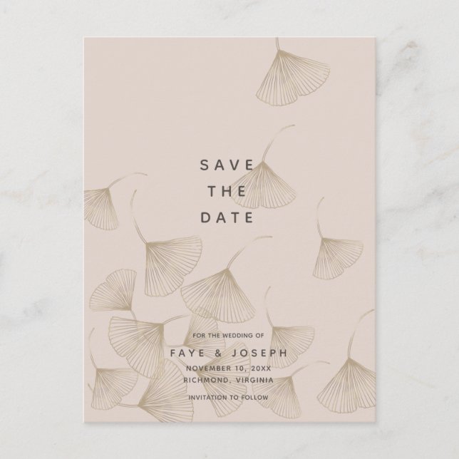 Bronze Ginkgo Leaves Pink Beige Save the Date Announcement Postcard (Front)