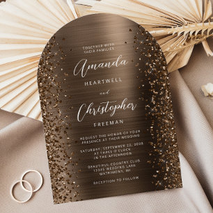 Bronze Glam Brushed Metal Glitter Arch Wedding Invitation
