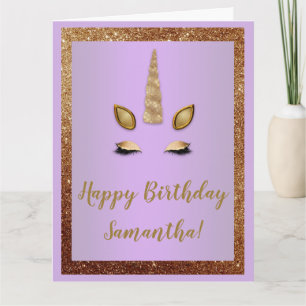 Bronze Glitter and Purple Gold Unicorn Birthday Card